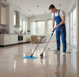 A person wearing work clothes and standing on a ladder is involved in construction or renovation. Debris is scattered on the floor, and large drywall pieces are leaning against the wall. There is a table in the background near a window, and the atmosphere suggests active construction work.
