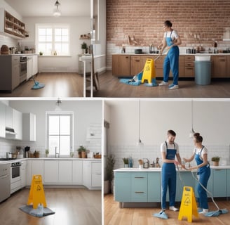 A group of people inside a room engage in cleaning or maintenance activities. One person sweeps the floor with a broom while others stand and observe, smiling or gesturing. The room has wooden structures and a child rests on a bed nearby.