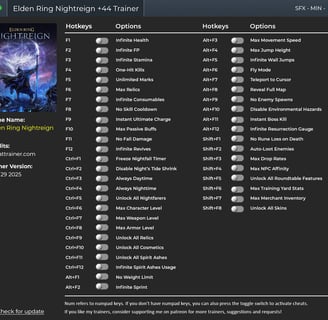 a screen shot of a trainer showing a list of elden ring nightreign cheats and keys