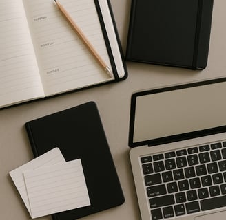 a laptop computer and notebook with a notebook and a pen