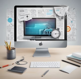 An arrangement of modern technology items including a smartphone, laptop, earbuds, and a mouse. The smartphone is prominently displayed with its box, featuring a sleek design and multiple cameras. The earbuds are neatly placed in an open case. A laptop and a wireless mouse are also visible, all set against a marble surface.