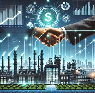 Business handshake over a digital city and AI interface representing AI transformation in industrial