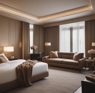 A hotel room setting with a neatly made bed in the background. In the foreground, a table set for a meal with a white tablecloth. There is a plate of pasta with vegetables, a bowl of fries, condiments, and a glass of white wine. The room is softly lit with a bedside lamp on a wooden nightstand.