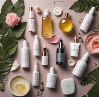 A collection of skincare products is artfully arranged on an olive green backdrop. Several cylindrical bottles and jars, some with labels, are prominently displayed. A large leaf is being held above the setup, adding a natural, organic element. Small rocks and green gummies are scattered around, enhancing the aesthetic presentation.