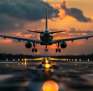 a plane taking off from the runway at sunset