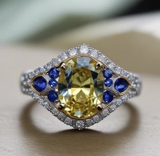 A luxurious gemstone necklace is displayed on a dark, elegant pedestal. The central gemstone is a deep, captivating blue, surrounded by smaller sparkling diamonds that enhance its brilliance. The spotlight enhances the sparkling effect, drawing attention to the intricate details and design.