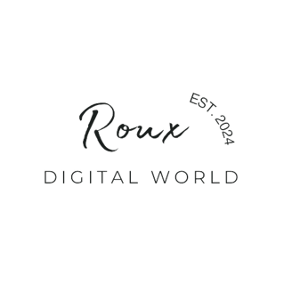 a black and white logo with the words roux digital world EST. 2024
