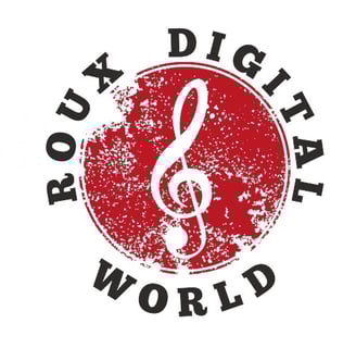 a red and white logo with the words roux digital world