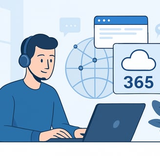 Illustration of remote IT professional at laptop with cloud overlay