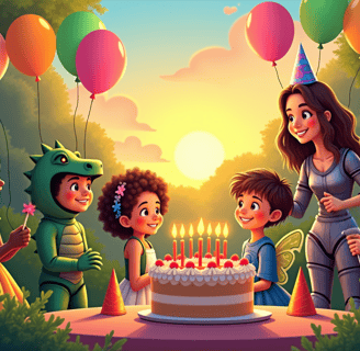 Illustration de fête d'anniversaire avec déguisements, ballons et animatrice