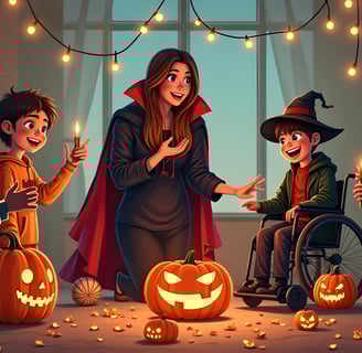 Illustration de fête d'Halloween avec une animatrice et des enfants dont un en situation de handicap