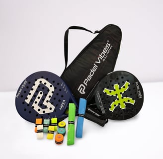 Custom Vibes collection by Padel Vibes featuring two co-branded padel rackets, colorful overgrips, and a black Padel Vibes Bo