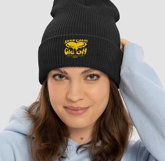keep calm gig on, side-gig collection, white heart design, vivid calm designs, waffle knit beanie