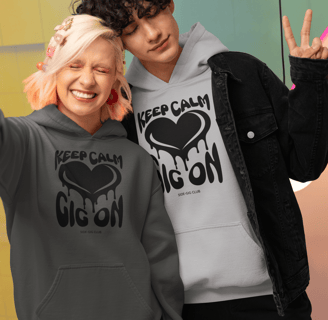 premium hoodie, keep calm gig on, black heart, groovy retro design, vivid calm designs, side gig