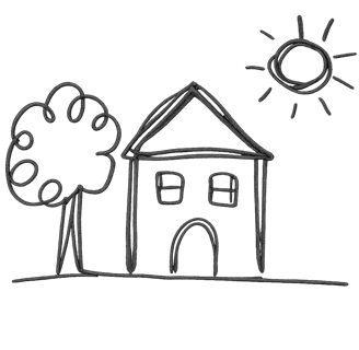 A child-like drawing of a house, tree and sun to demonstrate charity