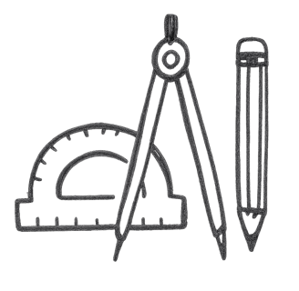 A child-like drawing of a protractor, a compass and a pencil to demonstrate education