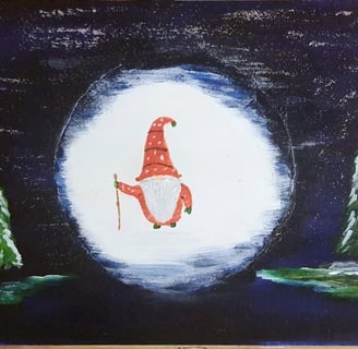 Gnome & sapins. Bois 30x21cm. 30€.