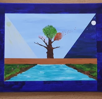 Réf : SUR250302. L'arbre aux 4 saisons. 33x24cm. 120€.