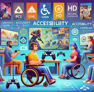 jogadores mostrando diversos em um hub inclusivo de jogos, com recursos como legendas em telas 