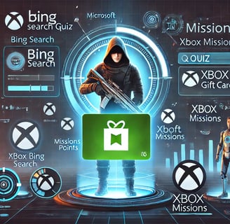 jogador utilizando estratégias como buscas no Bing, quizzes diários e missões do Xbox para acumular 