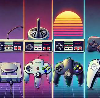 a evolução ergonômica dos controles de videogame, desde o Atari 2600 até o DualSense do PS5.
