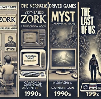 evolução dos jogos narrativos de Zork a The Last of Us , refletindo avanços tecnológicos e gráficos.