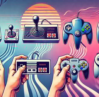 a evolução ergonômica dos controles de videogame, desde o Atari 2600 até o DualSense do PS5.