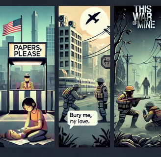 Representação visual de jogos ativistas como Papers, Please, This War of Mine e Bury Me, My Love