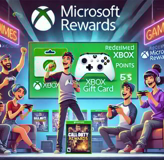 jogadores felizes compartilhando conquistas com Microsoft Rewards, exibindo cartões-presente, jogos 