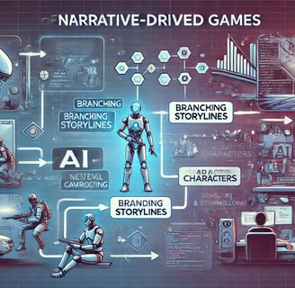Ilustração dos aspectos técnicos dos jogos narrativos com IA, enredos ramificados e design de níveis
