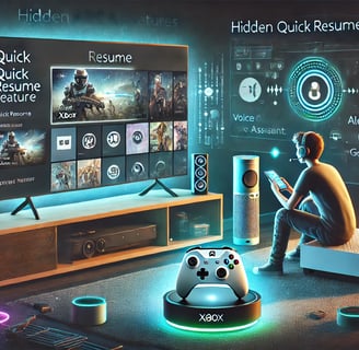jogador explorando recursos ocultos do Xbox, como Quick Resume, integração com smartphone e assisten