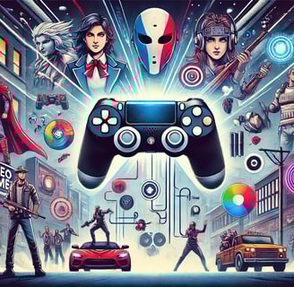 controle cercado por personagens de jogos, cultura pop e esports, representando o impacto social 