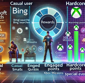 ganhos no Microsoft Rewards entre usuários casuais, engajados e hardcore, destacando diferente