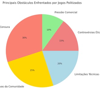 desafios enfrentados por jogos politizados, como censura (30%) e reações negativas (25%).