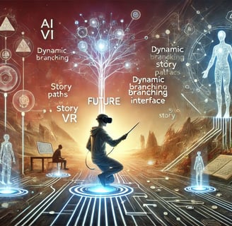 Futuro dos jogos narrativos com VR, AI e narrativas dinâmicas, simbolizando inovação tecnológica.