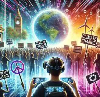 protestos simulados em VR, com hologramas e mensagens de justiça social e igualdade.