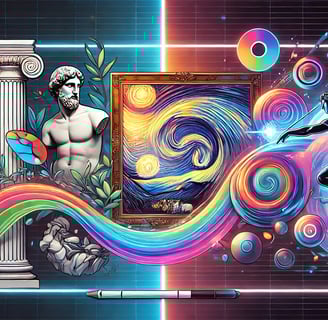 transição da arte tradicional, com uma escultura de mármore, para arte moderna e futurista