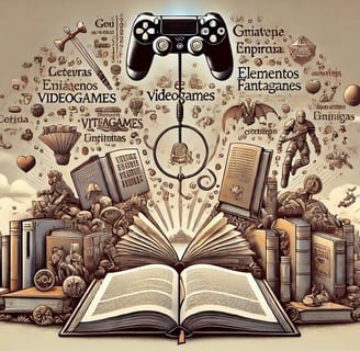 livros abertos e palavras flutuando que se transformam em elementos de jogos, como paisagens