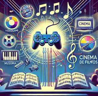 console de videogame central, com conexões em forma de luzes irradiando para notas musicais