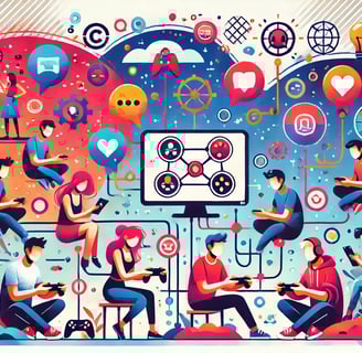 Representação de avatares interagindo em um ambiente digital com elementos de cooperação e conversa.