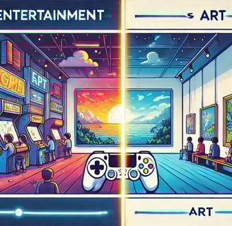 dualidade entre jogos como entretenimento, com um arcade movimentado, e como arte, com uma galeria