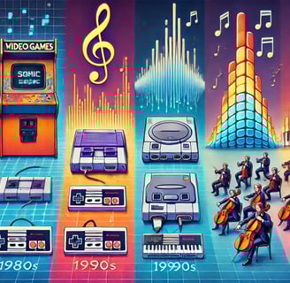 Ilustração horizontal destacando a evolução das trilhas sonoras de jogos.