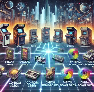 evolução da economia dos games em uma linha do tempo com consoles clássicos, fliperamas e jogos