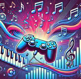 console de videogame no centro, emitindo ondas sonoras que se transformam em notas musicais