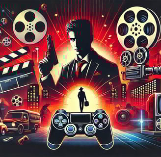 rolos de filme e câmeras ao redor de um personagem icônico de videogame segurando um controle,