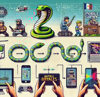 história e evolução do mobile gaming, com destaque para marcos como Snake, apps de jogos e battle