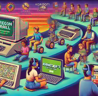 Linha do tempo que mostra a evolução dos jogos na educação, desde computadores antigos com jogos.