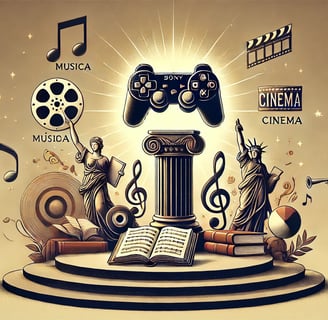 console de videogame em um pedestal, cercado por notas musicais, rolos de filme e livros abertos