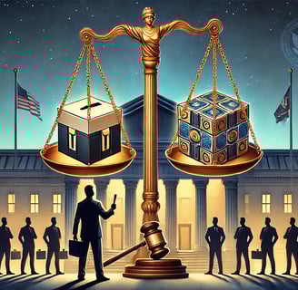 balança da justiça com um loot box e um martelo judicial, representando o equilíbrio entre monetizaç