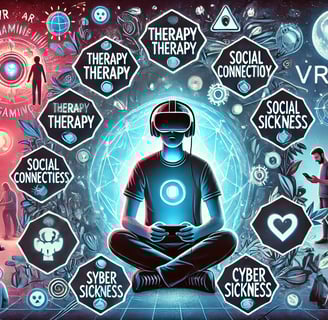 Jogador em um ambiente virtual com ícones destacando benefícios como terapia e socialização, e risco
